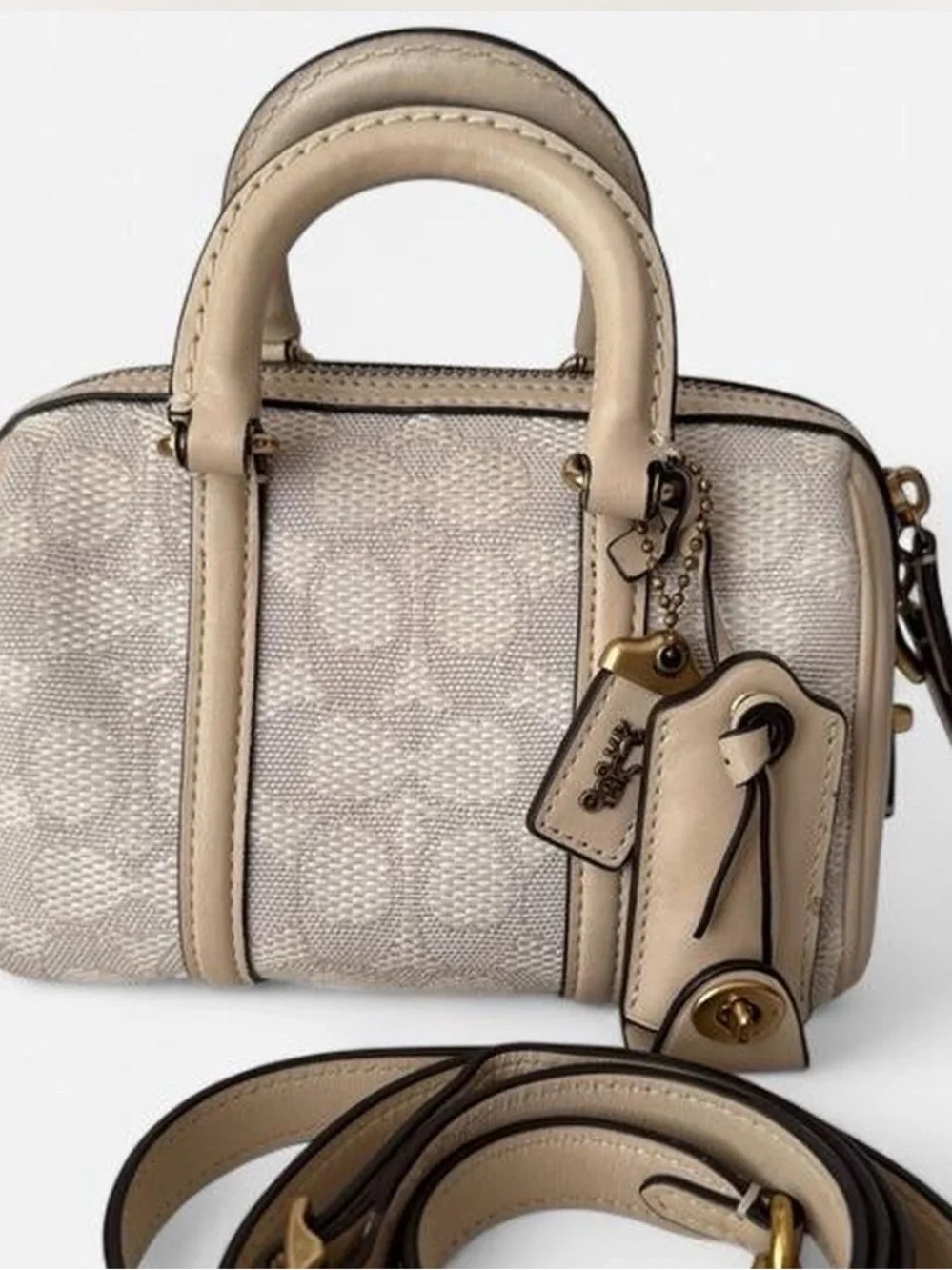 Coach Ruby Satchel 18 Beige and Cream Signature Jacquard Satchel with Strap